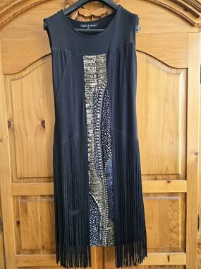 Black Sleeveless Fringe Midi Dress with Sequin Panel